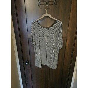 EUC Women's Plus K & C Navy & White Striped Stretch Knit Top Blouse Size 2X